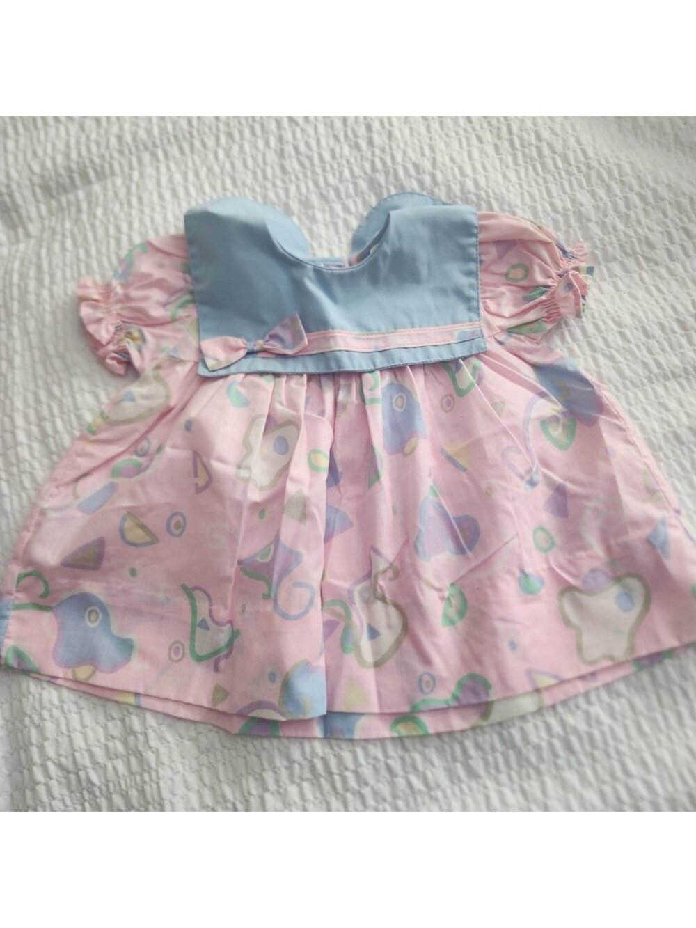 Vintage Eaton Baby Dress Pink Blue Geometric Pastel Bib Collar Made in Canada 12